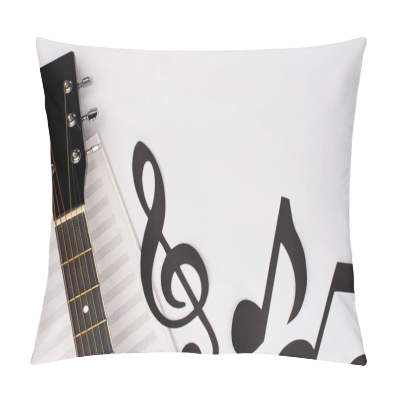 Personality  Top View Of Paper Cut Notes Near Music Book And Acoustic Guitar On White Background Pillow Covers