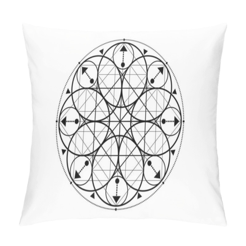 Personality  Sacred Geometry Symbol. Logo Icon Geometric Mystic Mandala Of Alchemy Esoteric Flower Of Life. Mystical Arrows Of Fortune, Black Vector Tattoo Divine Meditative Amulet Isolated On White Background Pillow Covers