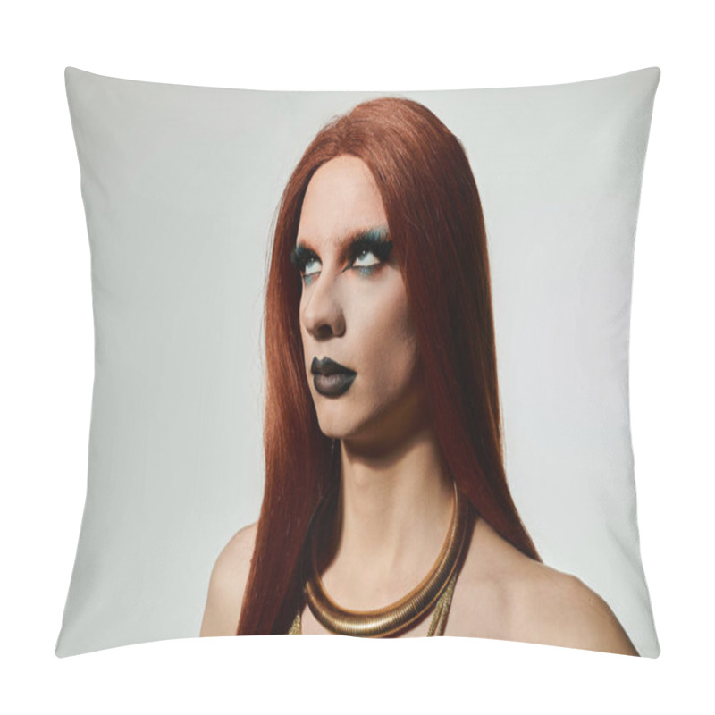 Personality  A Drag Queen Poses For A Portrait, Showcasing A Bold Makeup Look And Flowing Red Hair. Pillow Covers