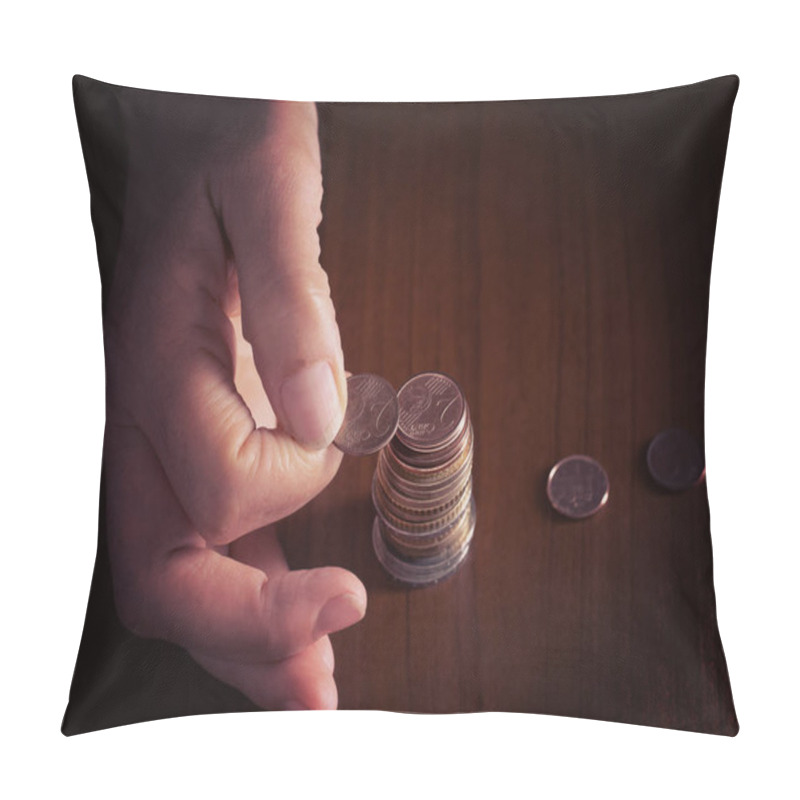 Personality  Mature, Woman Hand Putting Coins Into A Pile, Heap, On White Tablecloth Background. Close. European Euro Coins, Counting Pennies, Small Change. Note Filtered Image To Focus On The Coins. Pillow Covers