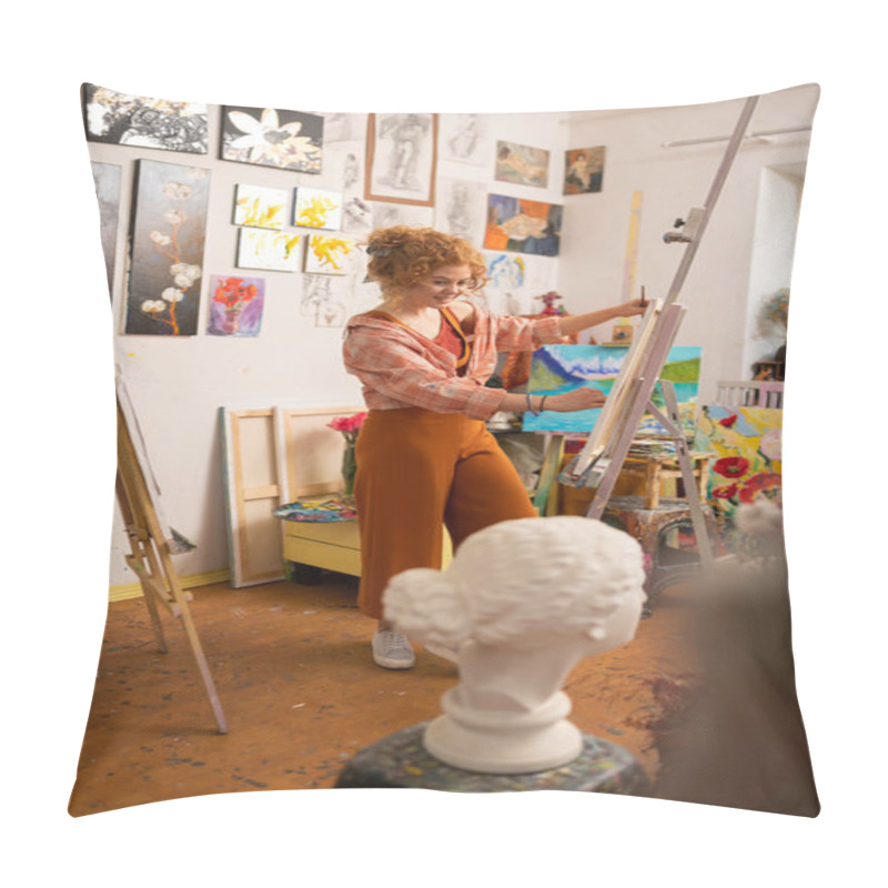 Personality  Cheerful Artist Feeling Excited And Inspired While Painting Pillow Covers