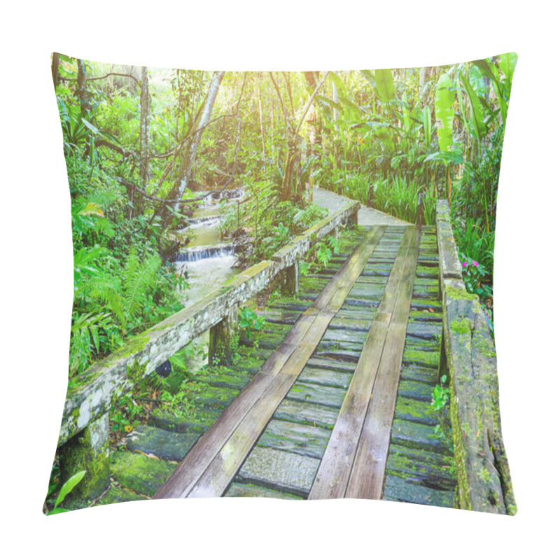 Personality  Wood Bridge Walk Way In The Green Forest With Yellow Light Shining  Pillow Covers