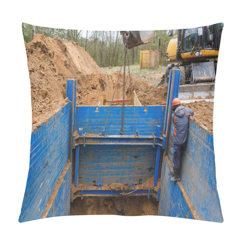 Personality  Installation Of Metal Supports To Protect The Walls Of The Trench. Pillow Covers