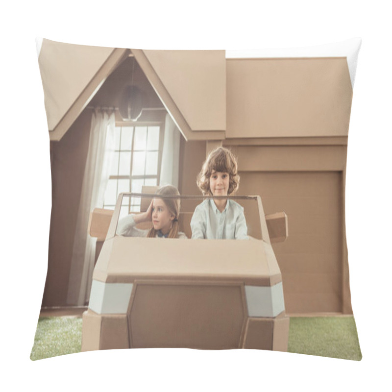 Personality  Kids Riding Cardboard Car In Front Of House Pillow Covers