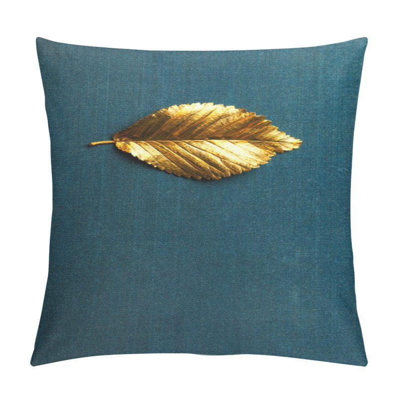 Personality  Golden Real Autumn Leaf On The Textured Blue Background With Copy Space For Design Wedding Cards, Valentines Day, Greeting Cards Pillow Covers