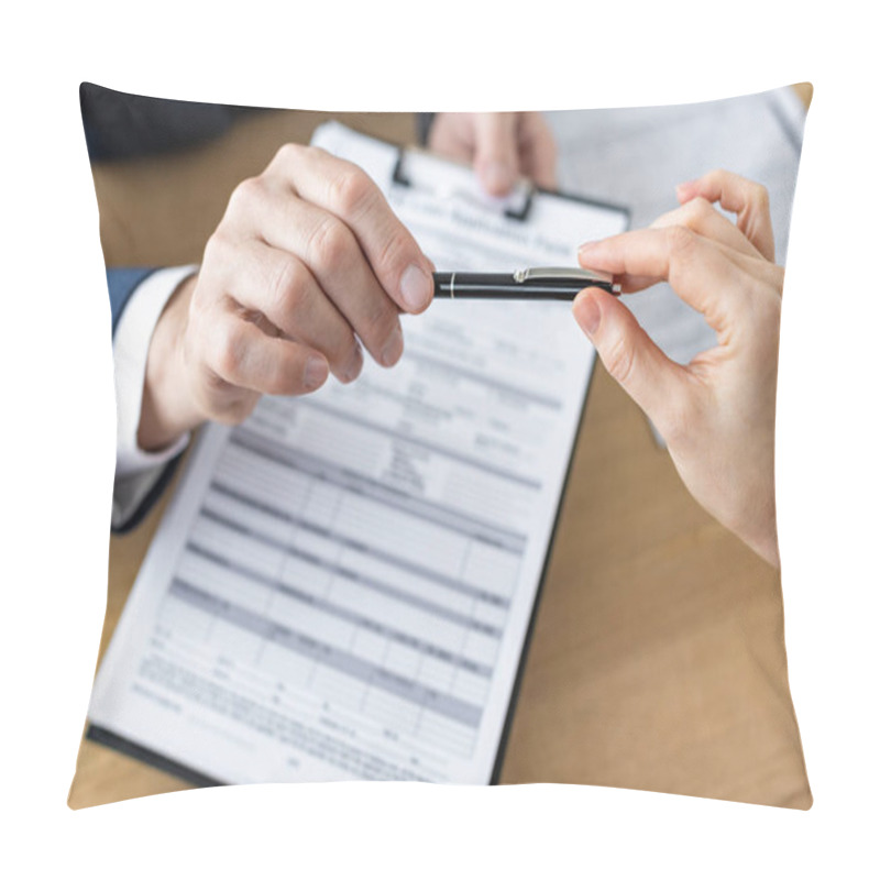 Personality  Cropped View Of Car Dealer Giving Pen To Man Near Agreement  Pillow Covers