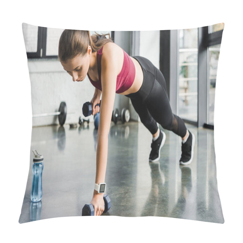 Personality  Attractive Focused Sportswoman Doing Push Ups With Dumbbells At Gym Pillow Covers