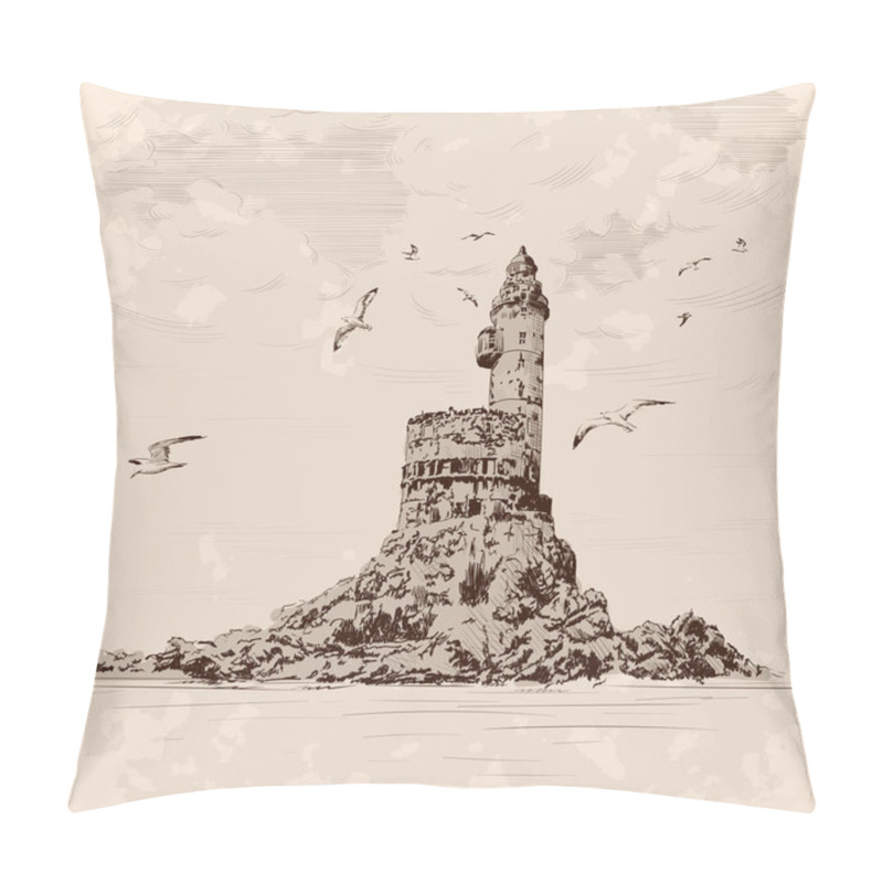 Personality  Lighthouse On The Rocky Seashore. Seagulls Fly Over The Cliff. Hand Drawing On A Beige Background. Pillow Covers