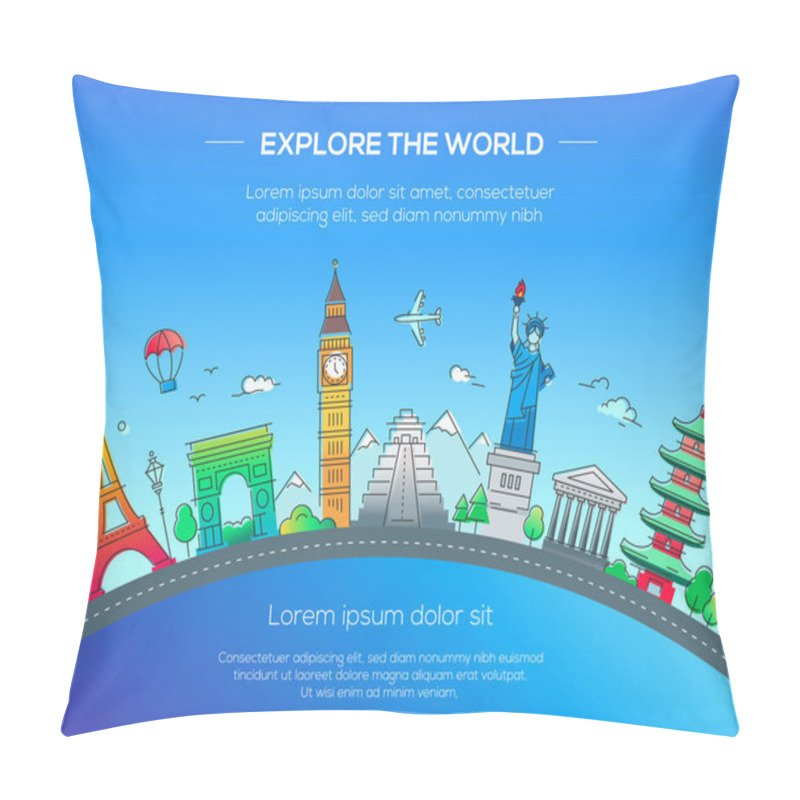 Personality  Illustration Of Flat Design Postcard With Famous World Landmark Pillow Covers