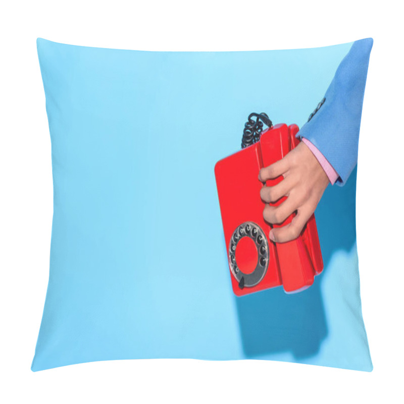 Personality  Cropped Image Of Man In Jacket With Retro Phone In Hand, On Blue Background Pillow Covers