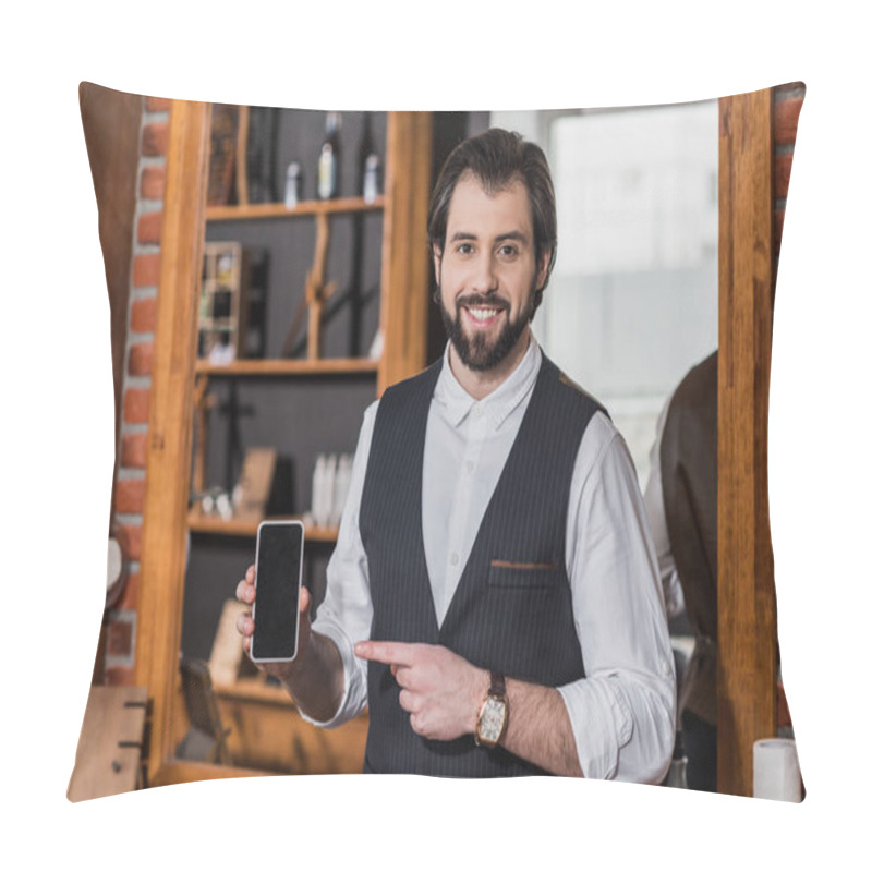 Personality  Handsome Young Barber In Vest Pointing At Smartphone Pillow Covers