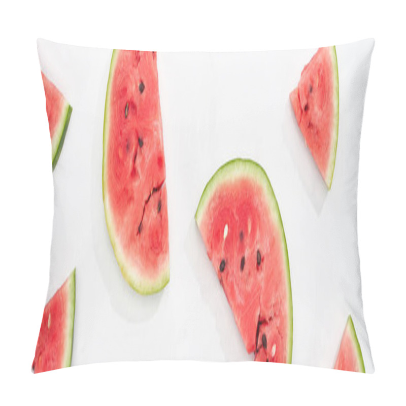 Personality  Panoramic Shot Of Fresh Natural Watermelon Slices On White Background Pillow Covers