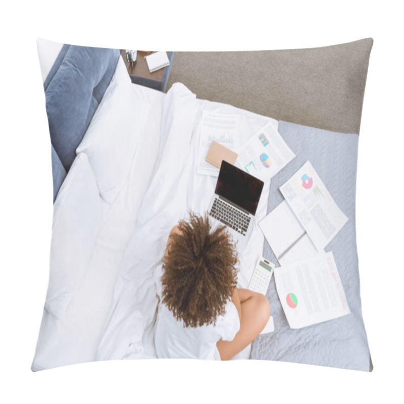 Personality  High Angle View Of Young Woman Working With Laptop And Documents On Bed Pillow Covers