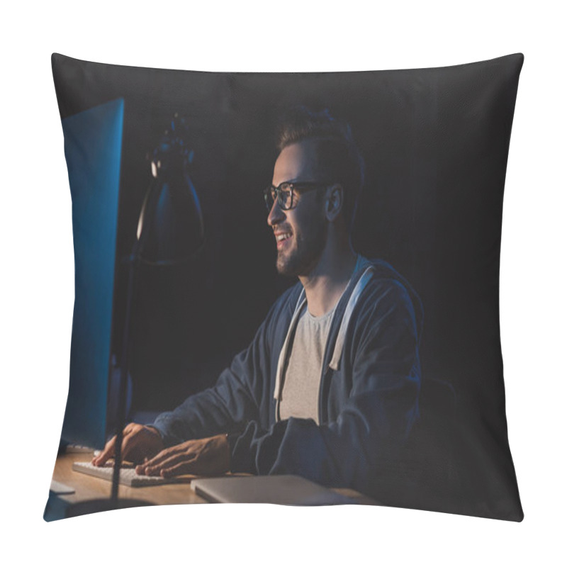 Personality  Smiling Young Programmer In Eyeglasses Working With Desktop Computer At Night Pillow Covers