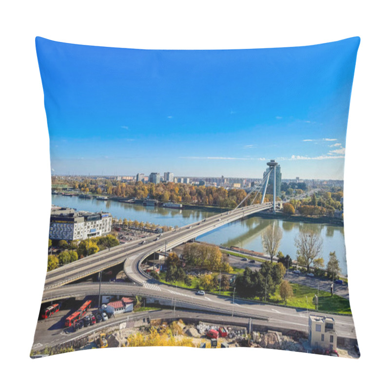 Personality  The Most SNP-UFO Bridge, Crosses The Danube River And Is Notable For Its Futuristic Design And The UFO-shaped Observation Deck, Offering Panoramic Views Of The City. Pillow Covers