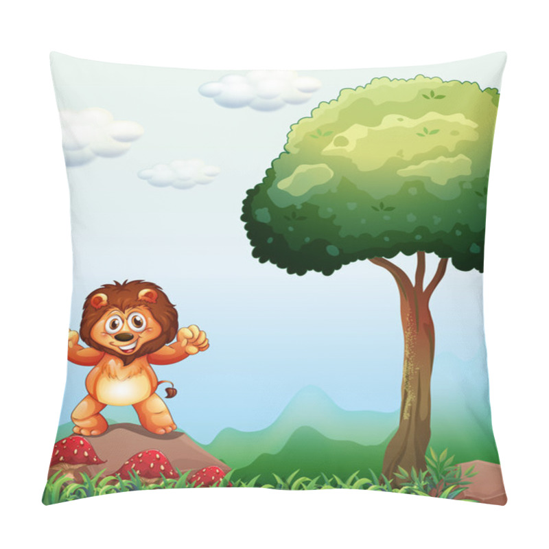 Personality  A Lion At The Forest Standing Above The Rock Near The Mushroom P Pillow Covers