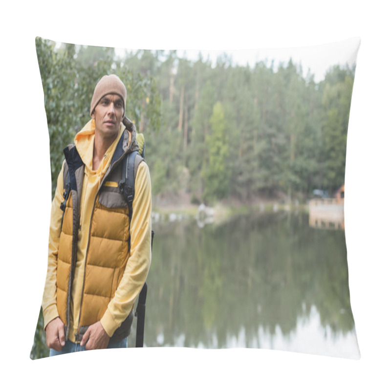 Personality  Tourist In Hat And Warm Vest Looking Away Near Forest Lake Pillow Covers