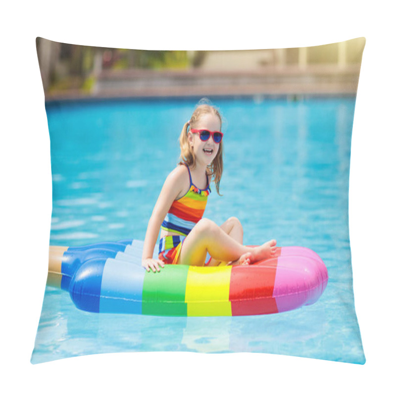 Personality  Happy Child On Inflatable Ice Cream Float In Outdoor Swimming Pool Of Tropical Resort. Summer Vacation With Kids. Swim Aids And Wear For Children. Water Toys. Little Girl Floating On Colorful Raft. Pillow Covers