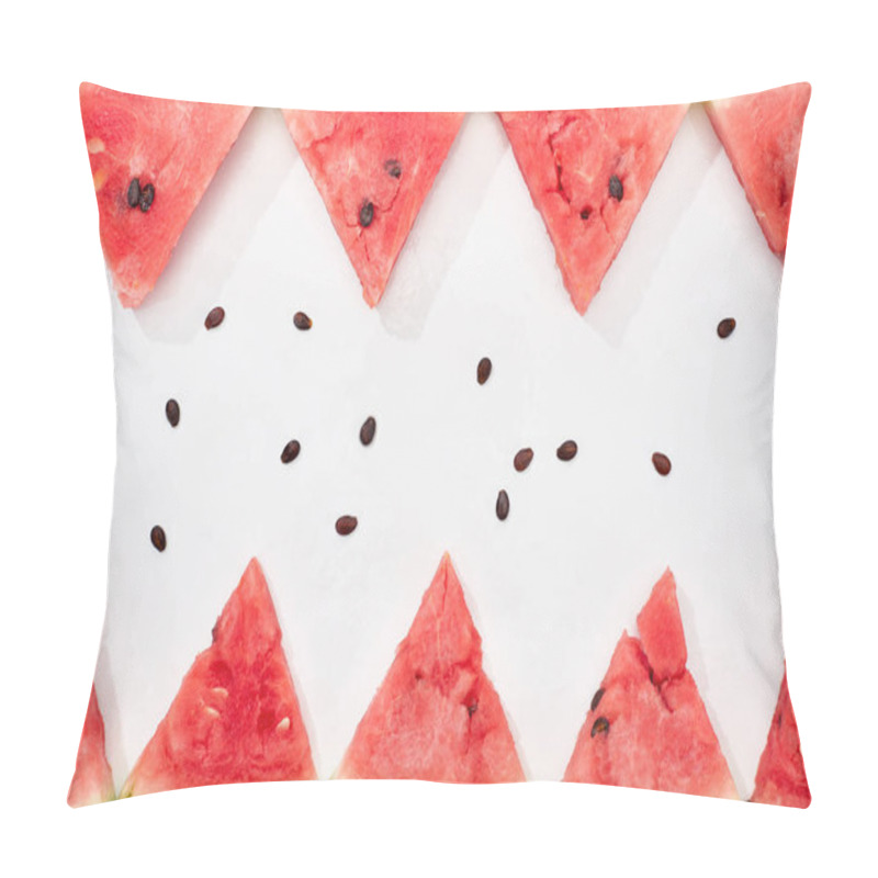 Personality  Flat Lay With Delicious Juicy Watermelon Slices And Seeds On White Background Pillow Covers