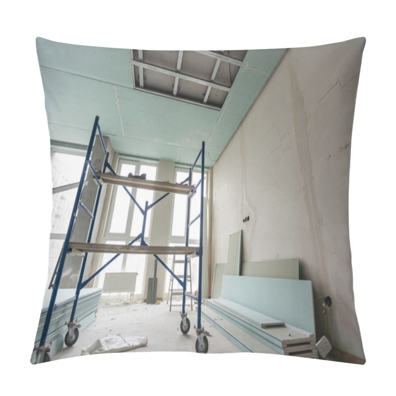 Personality  Construction Worker Assemble A Suspended Ceiling With Drywall And Fixing The Drywall To The Ceiling Metal Frame With Screwdriver. Renovation, Construction And Do It Yourself. High Quality Photo Pillow Covers