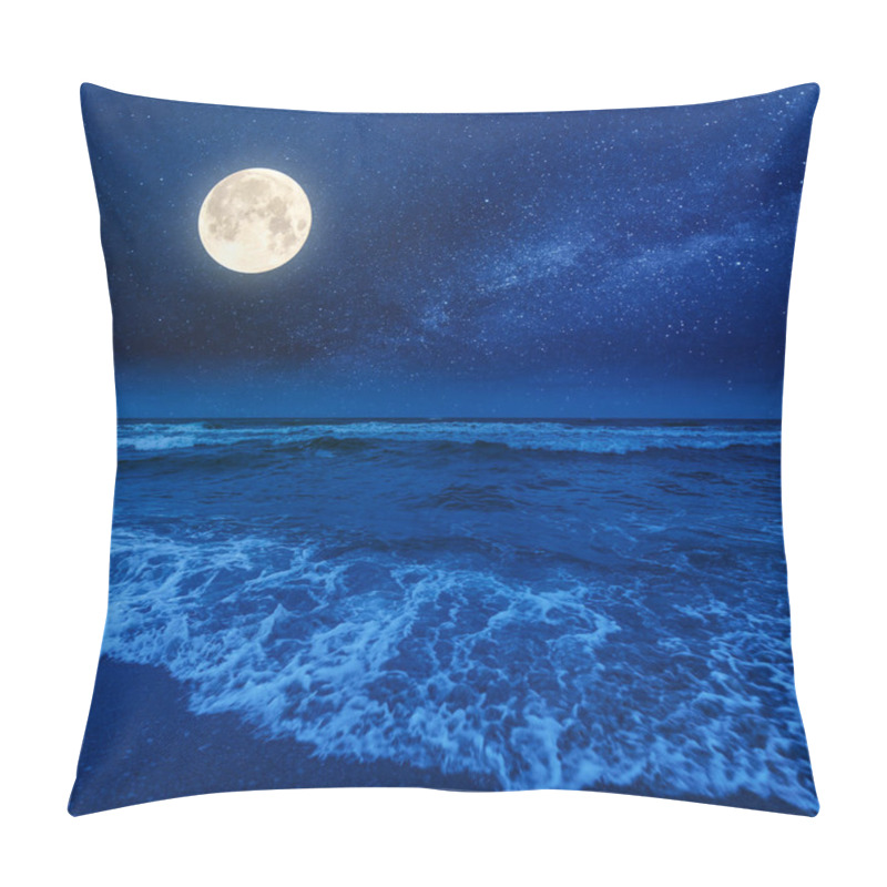 Personality  Beach And Sea On A Cloudy Night. Beautiful View Of Waves Rolling The Coast Beneath A Glowing Sky In Full Moon Light Pillow Covers