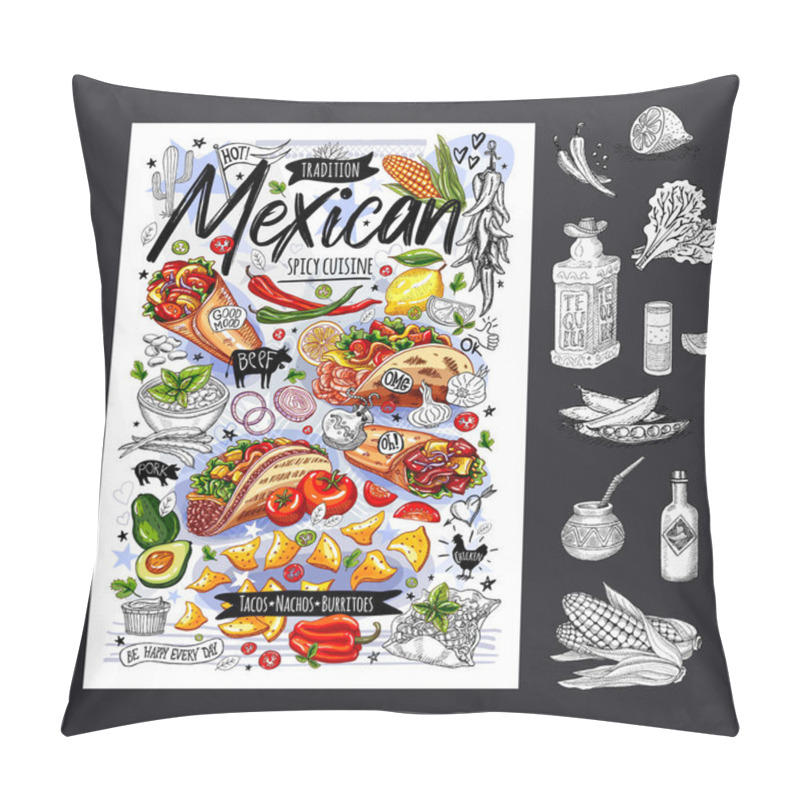 Personality  Food Poster, Ad, Fast Food, Menu, Mexican Cuisine, Nachos, Burritos, Tacos, Snack. Avocado, Cheese, Bean, Corn, Chicken. Yummy Cartoon Style Vector Pillow Covers