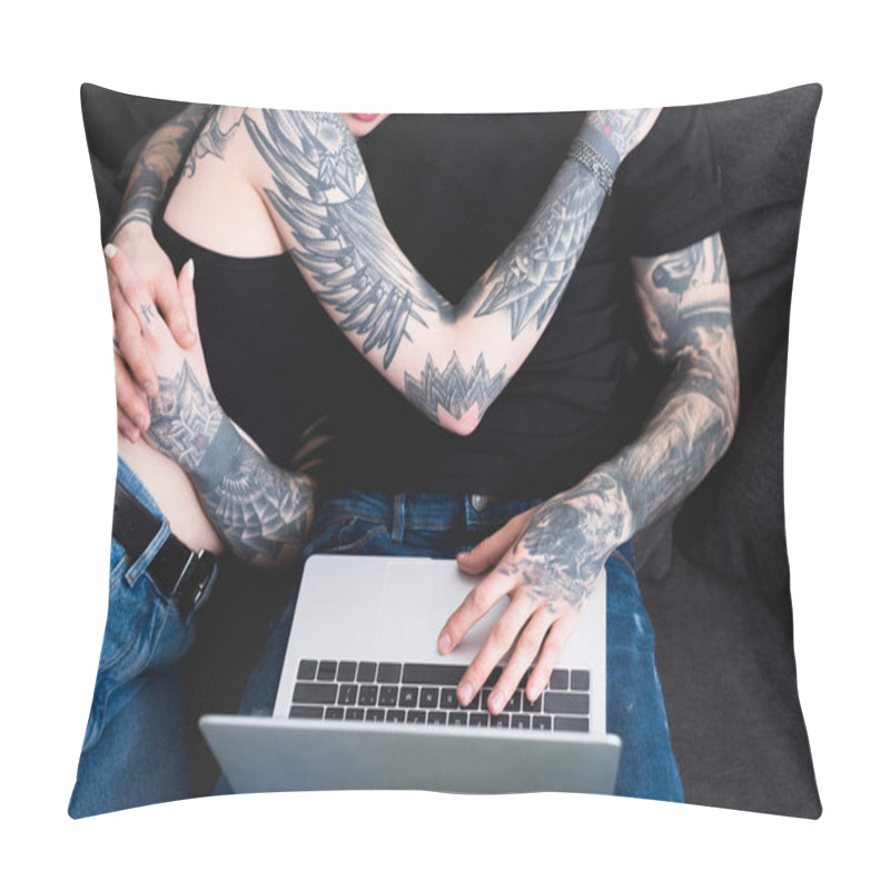 Personality  Cropped Image Of Tattooed Couple Using Laptop Pillow Covers