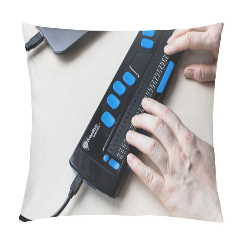 Personality  Moscow, Russia - June 5, 2021: Fingers Read With Focus 40 Blue Braille Display. Freedom Scientific Is The Largest Manufacturer Of Assistive Technology Products For Blind And Low Vision People Pillow Covers