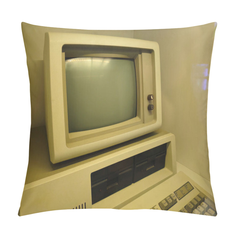 Personality  Vintage Retro Computer With A Small CRT Monitor And Floppy Disk Drive Reader, Close-up Of An Obsolete Old PC, Classic 1980s 80s PC Equipment, Computing History Nostalgia, Yellowed Plastic Aesthetic Pillow Covers