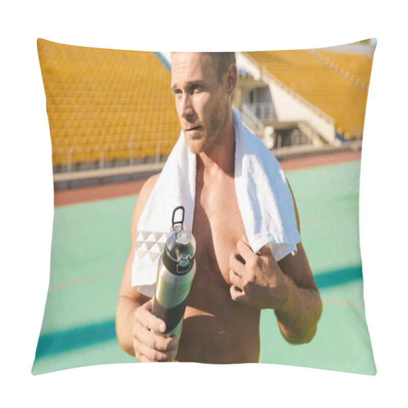 Personality  Image Of Sportsman Standing With Water Bottle And Towel At Sport Pillow Covers