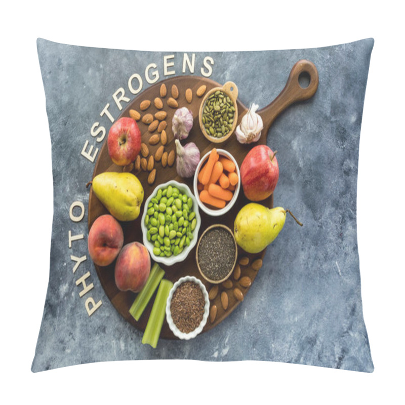 Personality  Top Down View Of A Board Topped With Foods High In Phytoestrogens. A Nutritional Concept. Pillow Covers