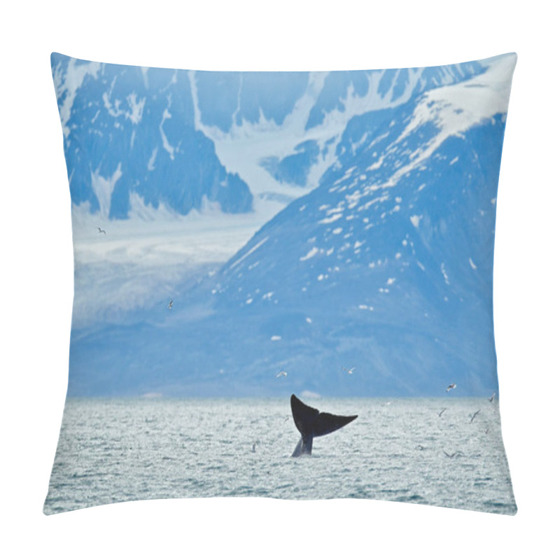 Personality  Tail In The Sea, Whale And Gull.  Humpback Whale, Megaptera Novaeangliae, Tail Caudal Fin Of Baleen Whale In The Sea Water. Wildlife Scene From Nature, Wild Arctic, Svalbard In Norway. Pillow Covers