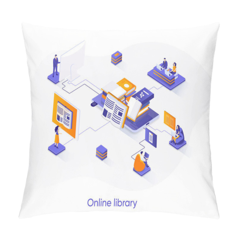 Personality  Online Library Isometric Web Banner. E-library Application Isometry Concept. Electronic Books Service 3d Scene, Distance Education And Knowledge Flat Design. Vector Illustration With People Characters Pillow Covers