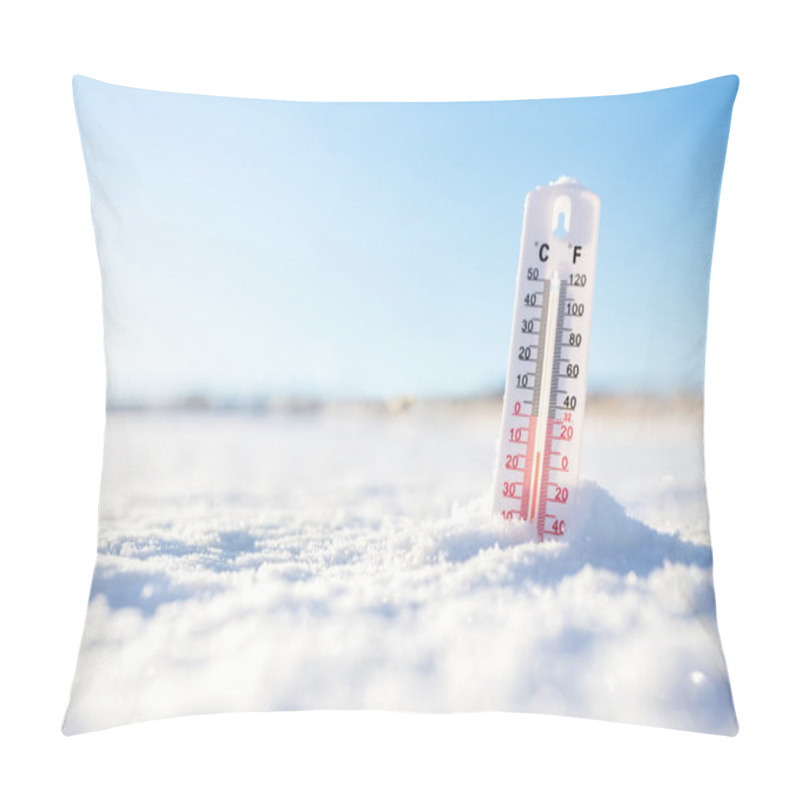 Personality  Thermometer In The Snow With Sub Zero Minus Temperature Concept For Winter Pillow Covers