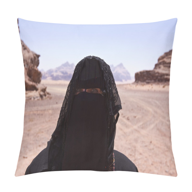 Personality  Portrait Of Bedouin Woman With Burka In Desert Pillow Covers