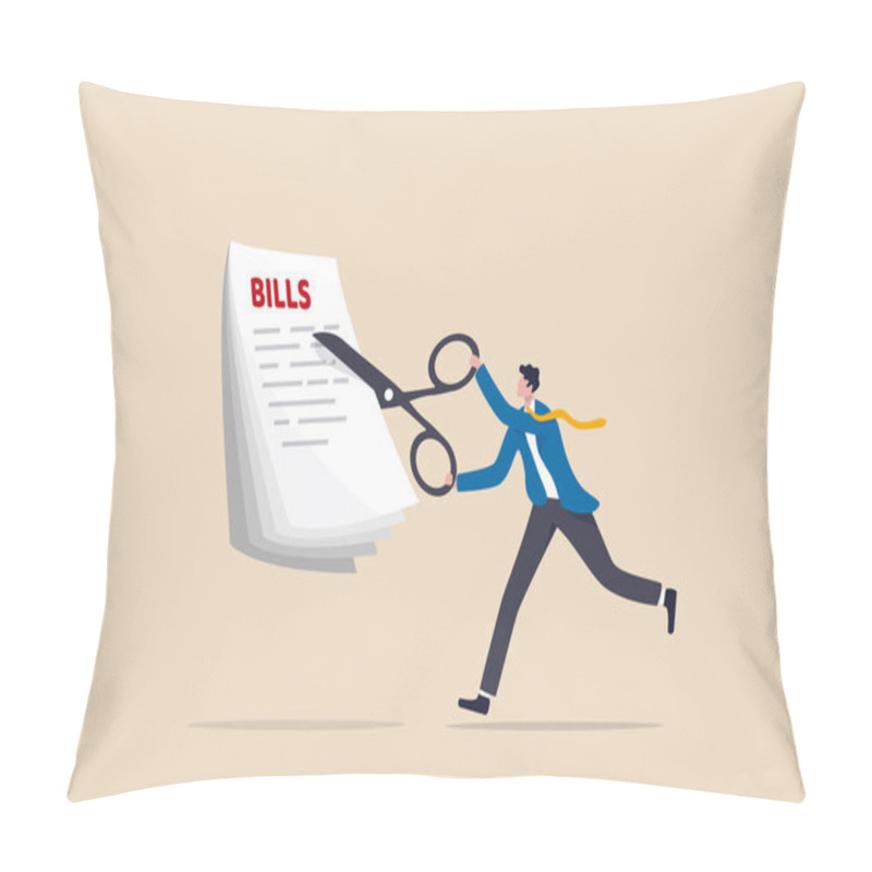 Personality  Cut Bills To Reduce Cost And Expense, Tax Or Payment Deduction, Limit Spending Or Control Cash Flow Concept, Businessman Using Big Scissors To Cut Pile Of Bills And Expense. Pillow Covers