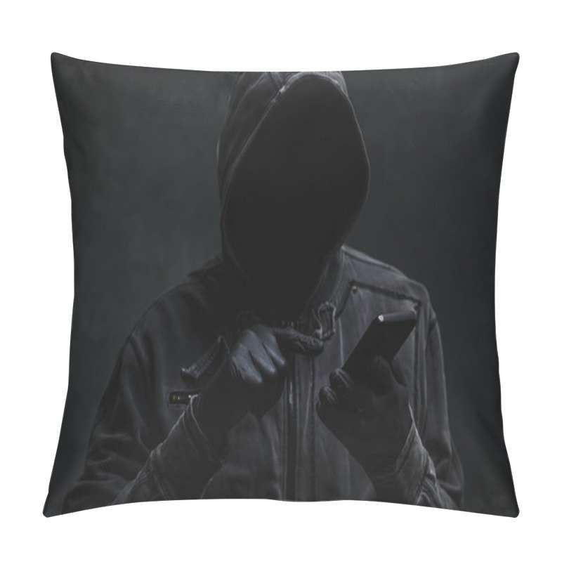 Personality  Hooded Computer Hacker Using Smartphone, Selective Focus Pillow Covers