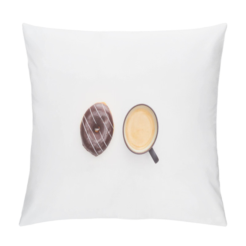 Personality  Top View Of Tasty Glazed Chocolate Doughnut And Cup Of Coffee On White Background Pillow Covers