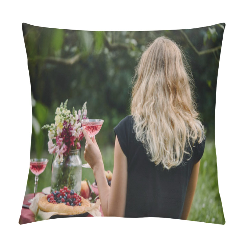 Personality  Rear View Of Woman Holding Glass Of Wine At Table In Garden Pillow Covers