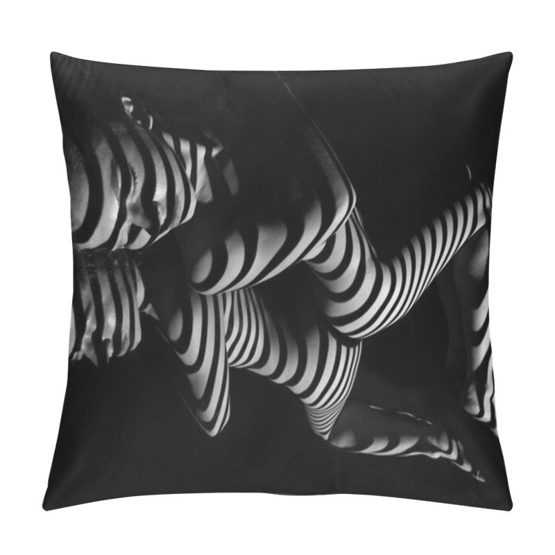 Personality  The Nude Woman And Her Reflection With Black And White Zebra Stripes.  Black-and-white Photo Created With The Projector Pillow Covers