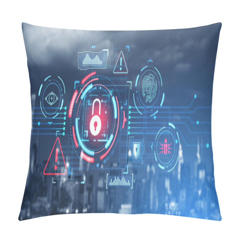 Personality  Immersive Padlock Cybersecurity Interface With Computer Virus Alert, Fingerprint, Computer Bug Icons Over Blurry Night City Background. Concept Of Data Protection And Smart City Pillow Covers