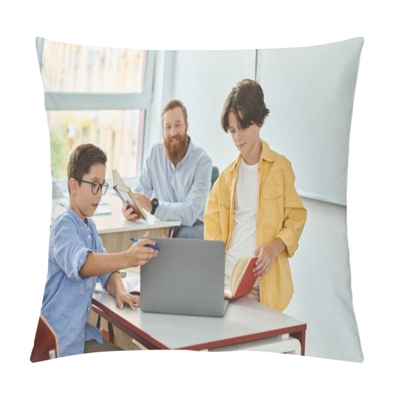 Personality  A Young Boy Sits Attentively At A Laptop While A Teacher Observes Closely In A Bright And Lively Classroom Setting. Pillow Covers