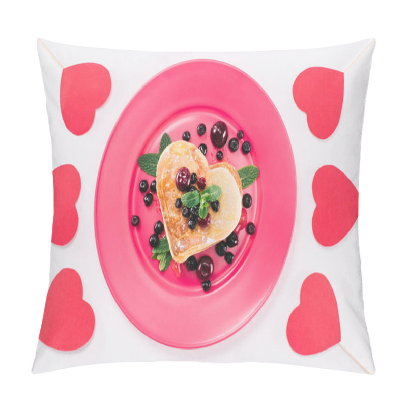 Personality  Top View Of Heart Shaped Pancake With Berries Isolated On White, Valentines Day Concept Pillow Covers