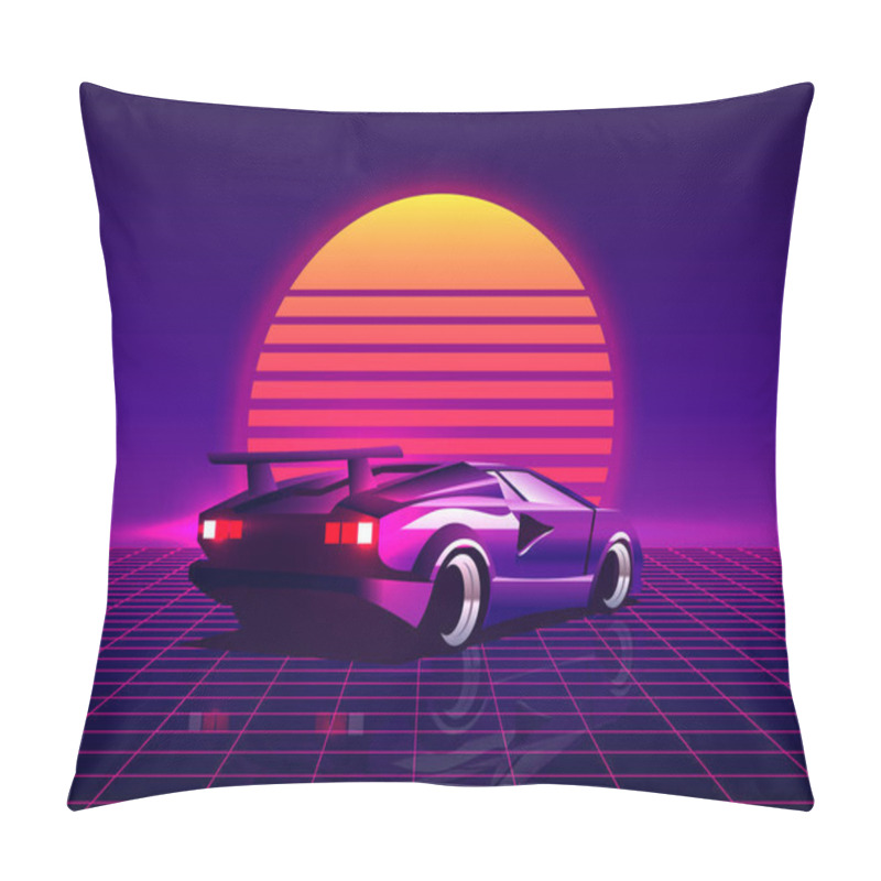 Personality  Retro Futuristic Back Side View 80s Supercar On Trendy Synthwave, Vaporwave, Cyberpunk Sunset Background. Back To 80s Concept. Template Design For Poster, Flyer Or Banner. Vector Illustration. Pillow Covers