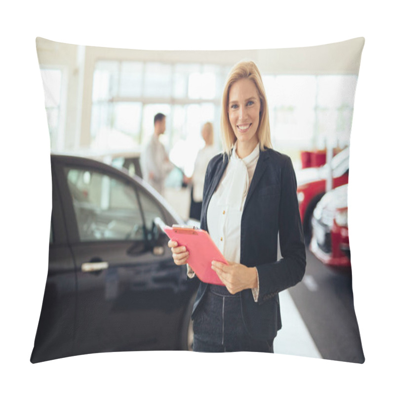 Personality  Picture Of Professional Female Salesperson Working In Car Dealership Pillow Covers