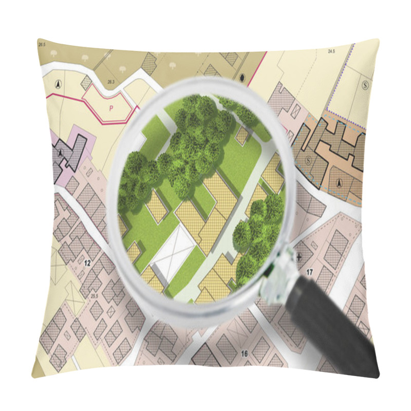 Personality  Searching New Home - Concept With An Imaginary General Urban Plan With Buildings, Roads And Magnifying Glass - NOTE: The Map Is Totally Invented And Does Not Represent Any Real Place Pillow Covers