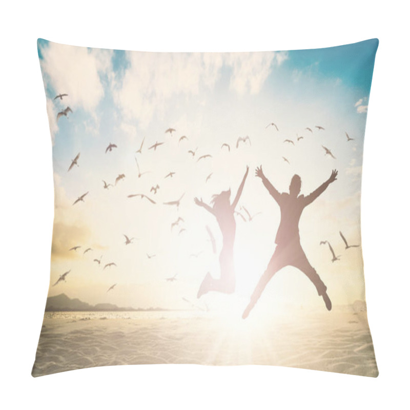 Personality  Silhouette Of Couple Jump On Beautiful Background.  Pillow Covers