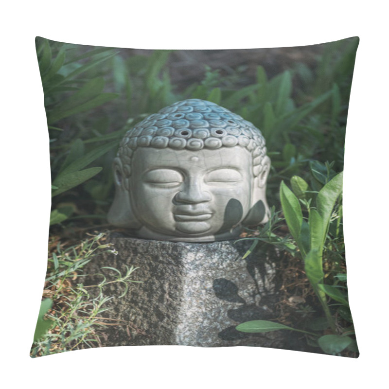 Personality  Buddha Head On Stone With Green Plants Around Pillow Covers