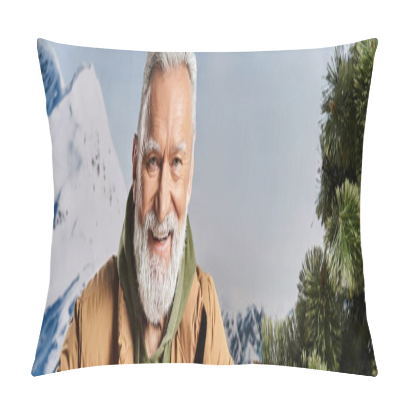 Personality  Joyful Santa With White Beard Smiling At Camera With Mountains Backdrop, Winter Concept, Banner Pillow Covers