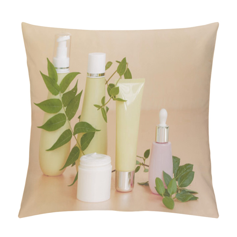 Personality  Blank Bottle Packaging With Natural Cosmetic Cream, Serum, Skincare, Lotion, Tonic With Leaves Herb. Bio Organic Product On Peach Color Background. Beauty And Spa Concept. Cosmetic Design Template. Pillow Covers